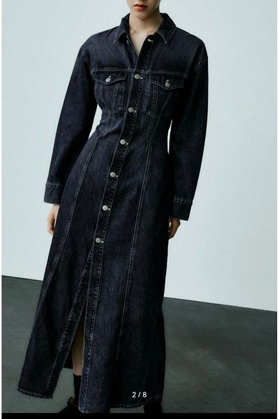 Butik Allbucks Zara، فستان طويل الأكمام من قماش الدنيم مع الخصر Abzr0098