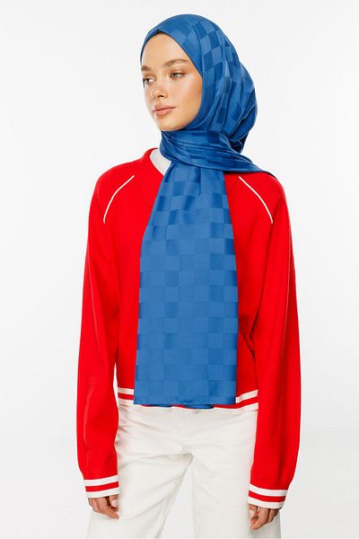 Mooncorn Μεταξένιο ζακάρ σάλι με σχέδιο Indigo Checkerboard