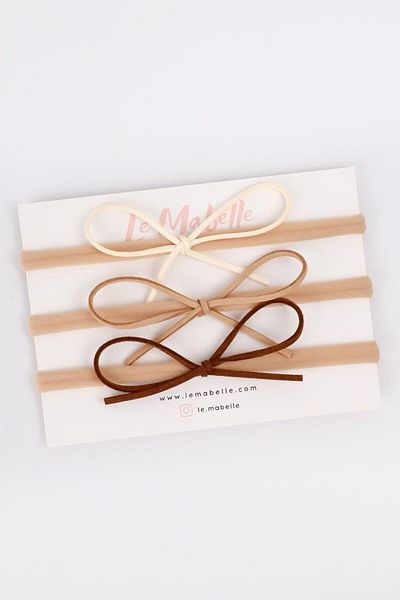 Le Mabelle Ecru Beige Brown Leather Bow 3-Piece Girls' Headband Set