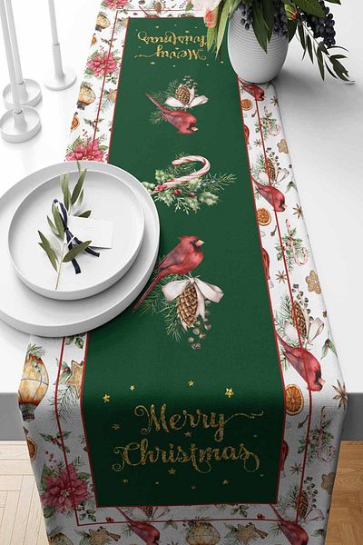 Pilloveland Cardinal Christmas Patterned Suede Runner - 140*40 cm - Πρωτοχρονιά και Χριστούγεννα