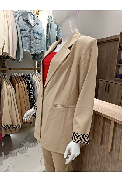 ORJEEN KADIN DÜZ RENK ASTARI DESENLİ KLASİK KESİM BÜYÜK BEDEN PAMUKLU BLAZER CEKET