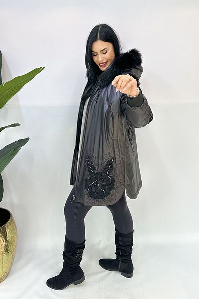 GÖKSEL -20 Protected Stone Detailed Billet Size Jacket - Black