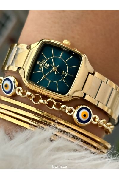 Reward Brand Steel Cord Green Dial Square Case Women's Wristwatch + Nazar Beaded Bracelet Gift