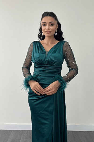 giyimmasalı Φόρεμα ψαριού από σατέν υφασμάτινο μανίκι με χάντρες - ΣΜΑΡΩΜΕΝΟ ΠΡΑΣΙΝΟ