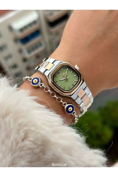 Reward Brand Steel Cord Rose/Silver Stylish Women's Wristwatch + Nazar Beaded Bracelet Gift
