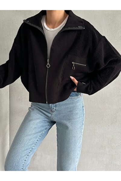 BEJNA Women's Black Knitwear Bomber Jacket