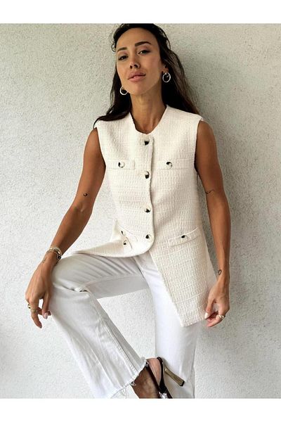 Maldia Shop Women's Tweed Fabric Long Ecru Fit Vest