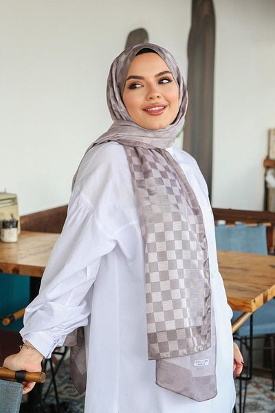 Hint İpek Checkerboard Patterned Monogram Shawl Monov03-42