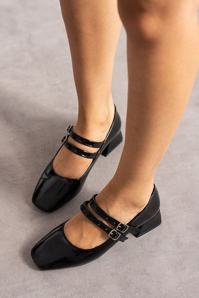 ZENNESHOES Mary Jane Women's Patent Leather Closed Back Double Band Square Toe Short Block Heeled Shoes