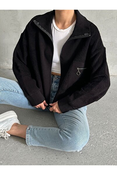 BEJNA Women's Black Knitwear Bomber Jacket