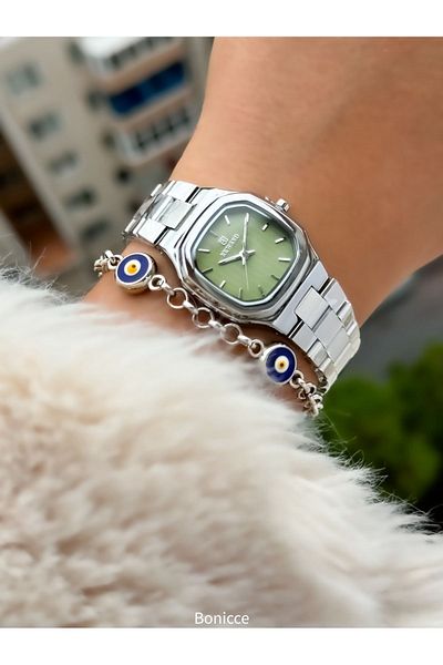 Reward Green Dial Brand Steel Cord Stylish Women's Wristwatch and Evil Eye Beaded Bracelet Gift