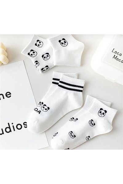 REYNBOO SOCKS 5 чифта дамски бели чорапи до глезена с шарка на панда, които могат да се перат