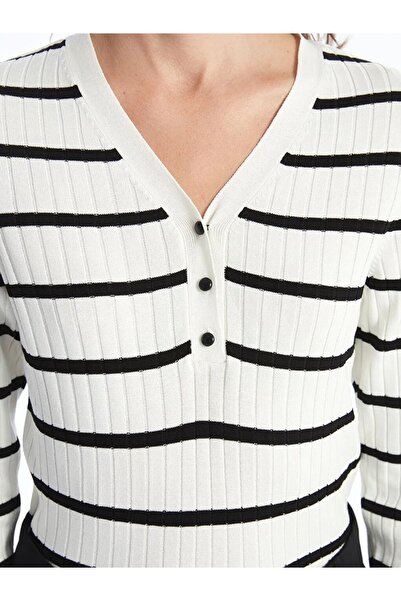 LC Waikiki Lcwaikiki Basic Ecru Striped V-Neck Striped Long Sleeve Women's Knitwear Sweater