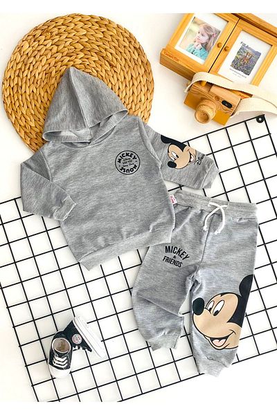 DERİNBEBE Cheerful Babies Mickey & Friends Pattern Combed Cotton Set Gray