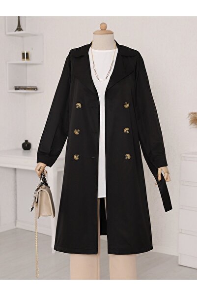 ZUMRAGİYİM Çift Düğme Kemerli Uzun Trenckot