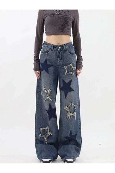 DENİKK Y2K Trend Star Detail Retro Unisex Jeans/Stars Jean Pants