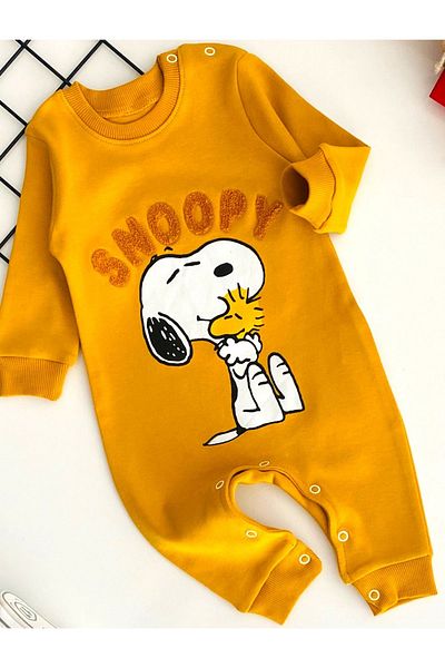 DERİNBEBE Cheerful Babies Snopy Embroidered Printed Pattern Jumpsuit Mustard