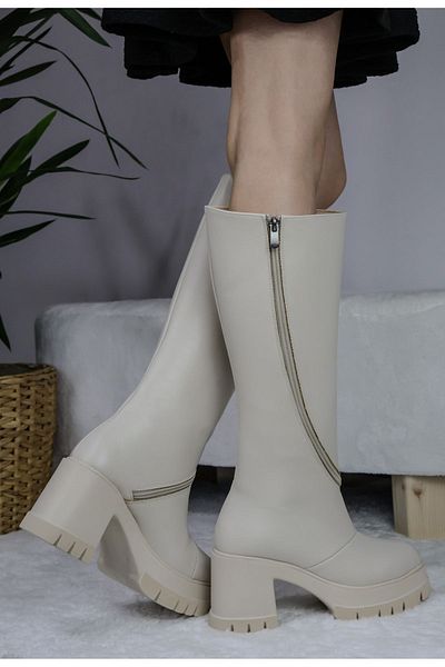 asmi shoes Γυναικείες κρεμ μπότες με περιστρεφόμενο φερμουάρ μέχρι το γόνατο