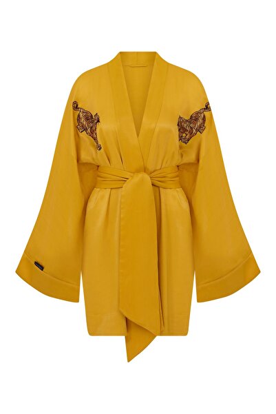 Saraswati Society Sarı Viskos Ipek Omuzda Kaplan Nakış Desenli Kısa Kimono