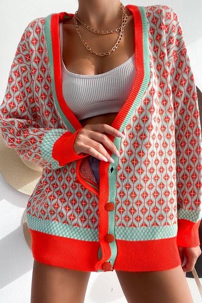 Ded COLLECTION Women's Retro Style Patterned Orange White Cardigan Large Buttoned Evident Banded Collar Cuff Cardigan