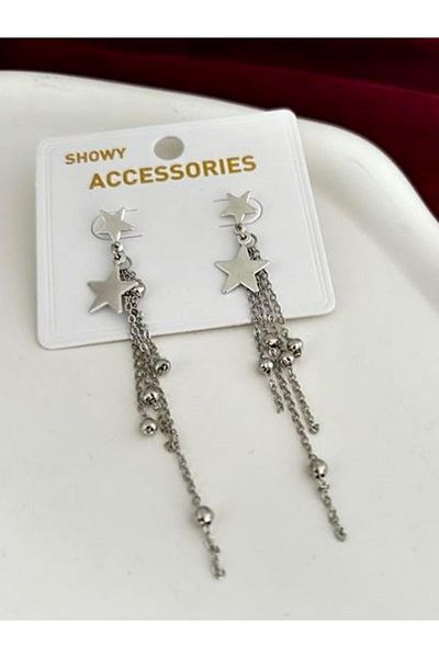 mos&more Silver Chain Dangle Star Detailed Design Earrings