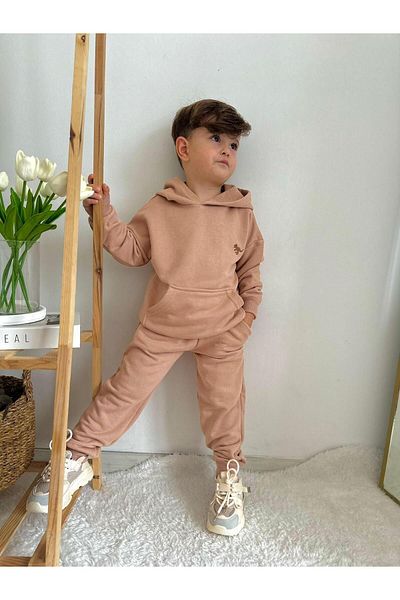 öykümgaleria Boy's Hooded 3 Thread Fabric Top and Bottom Set