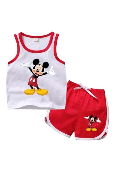 DERİNBEBE Our Cheerful Babies Mouse Printed Strappy Men's Combed Cotton Shorts Set Red