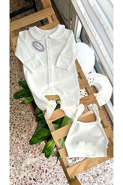 Happy Moon Bebek Giyim %100 Pamuk Unisex Ekru Tulum Süsleme Tasarım 0-2 Ay Zı...