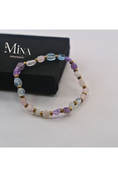 Mina Souvenir سوار من الحجر الطبيعي بقطع الأمورف (جمشت، كوارتز وردي، حجر القمر، أكوامارين)