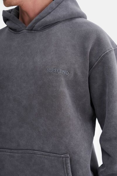 Mesfeno Erkek Oversize Şardonlu 3 İplik Kapüşonlu, Efektli Yıkamalı, Nakışlı Sweatshirt
