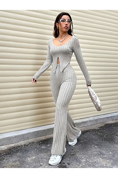 Wild Flower Gray Long Sleeve Slit Crop Top High Waist Spaghetti Leg Stretchy Pants Set