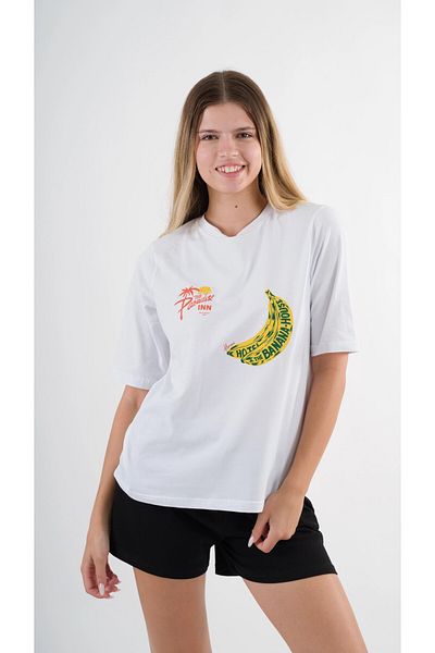 hazelin White Yellow Banana House Printed Women's T-Shirt - Crew Neck Hzl24S-Yy302