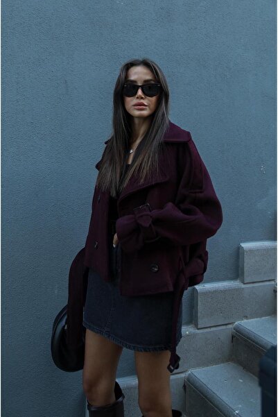 Havoş Short Stamped Coat - Claret Red with Bottom Belt