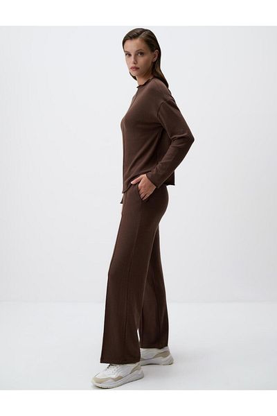 Jimmy Key Coffee Melange High Waist Relaxed Fit Wide Leg Knitted Trousers