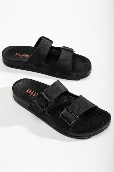 Ccway Men's 2 Buckle Belted Slippers Black