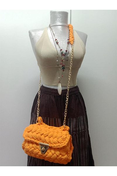 Bohem Stil Geantă de umăr portocalie macrame, cu mâner lung și scurt, cu design special, lucrată manual