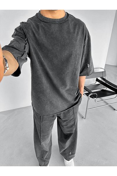 ablukaonline Ανδρικό μπλουζάκι Oversize Washable Backstitch Λεπτομερές T-shirt Μαύρο