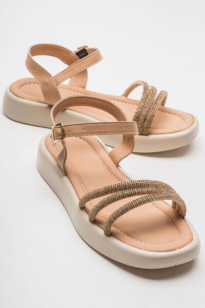 Ccway Sandale plate pentru femei cu 3 șireturi și pietre, piele nudă