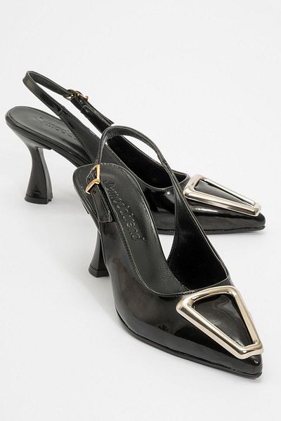 Ccway Black Patent Leather Women's Buckle Heeled Shoes