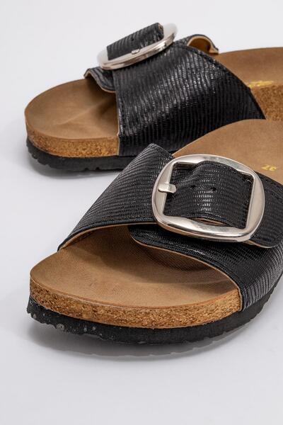Ccway Black Women's Slippers - 2 Buckle Belt