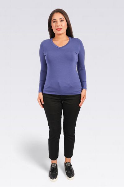 TOLGA SARAÇOĞLU 10432 TRICOU SAKS CU MÂNECĂ LUNGĂ, GÂTUL în V