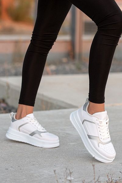 Ccway Pantofi sport de damă cu șireturi alb argintiu
