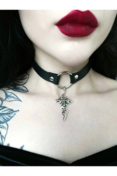 DarkellaStore Gothic Punk Haçlı Halkalı Deri Choker Boyunluk