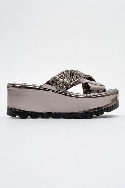 Ccway Stoned Cross Banded Women's Slippers - PLATINUM PLATINUM