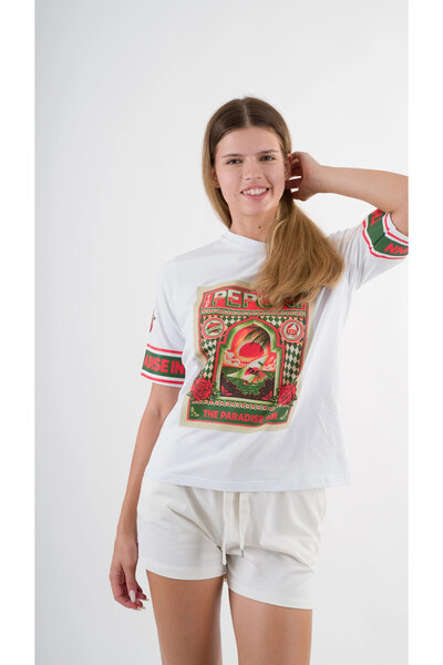 hazelin Women's White Red Peponi Printed Crew Neck T-Shirt Hzl24S-Yy302