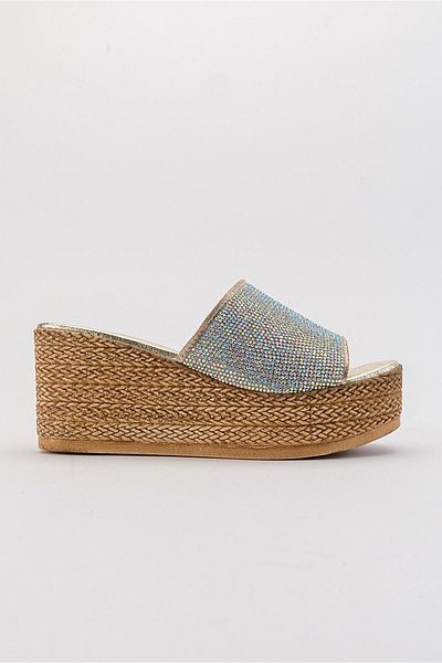 Ccway Single Striped Women's Wedge Heeled Slippers Gold