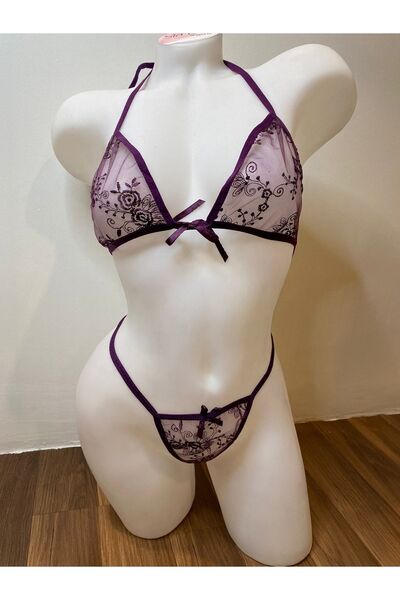 Qvien Secret Set de sutien și chiloți cu dantelă mov pentru femei