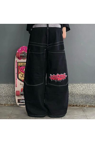 1blood Ρετρό φαρδύ Unisex Jean - Vintage μοτίβο γκράφιτι