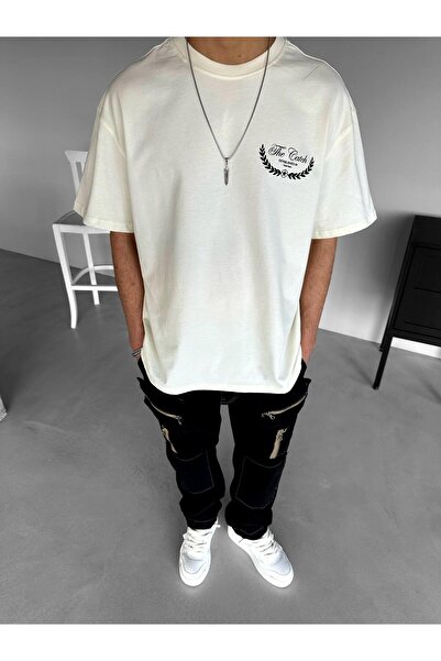 ablukaonline Ανδρικό μπλουζάκι Oversize 100% βαμβακερή υφή με χοντρή λαιμόκοψη εκρού