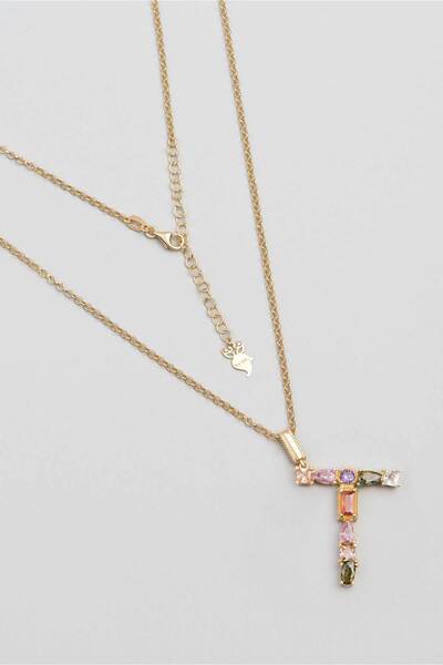 So CHIC... T Harfi Günışığı Renkli 18 Ayar Sarı Altın Kaplama Gümüş Kolye